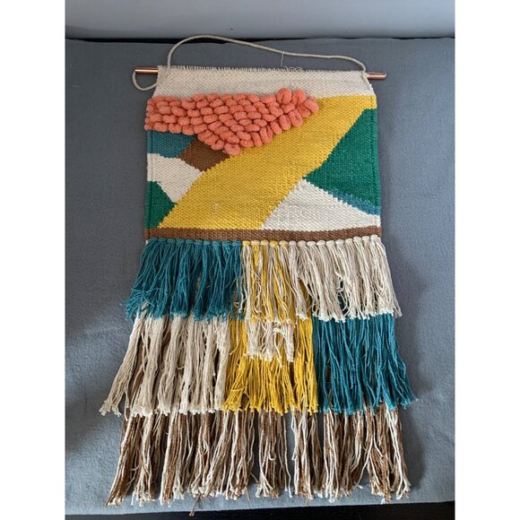 Woven Wall Hanging Tapestry Cotton with Fringe Geometric Design 15x23 - Picture 1 of 8